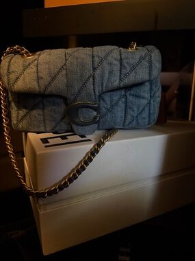Coach Quilted Denim Crossbody Bag in Blue with Chain Strap